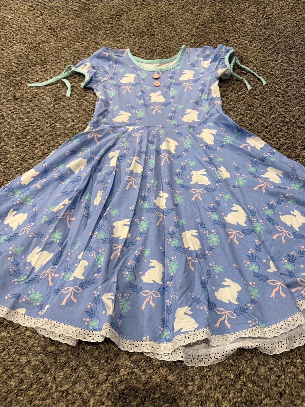Eleanor Rose Blue Bunny Print Dress with White Lace Trim